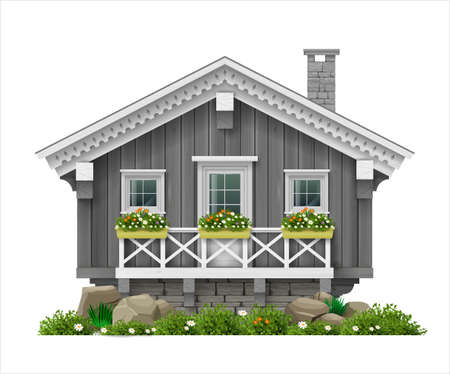 Traditional Finnish Scandinavian wooden house. A hotel or a sauna. House for greeting card or illustration. Vector graphicsのイラスト素材