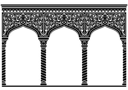 Silhouette of the arched eastern facade. Fairytale Oriental, Indian or Arabian arch, background for cover, invitation cards. Vector graphicsのイラスト素材