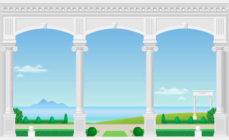 Balcony of a fabulous palace in classical style with a view of the sea landscape Vector graphicsのイラスト素材