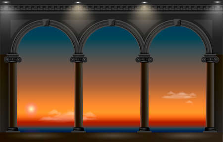 Balcony of a fabulous palace in classical style with a view of the sea night landscape. Vector graphicsのイラスト素材
