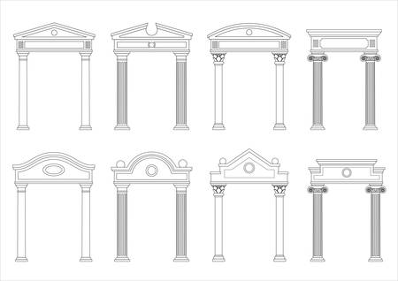 A set of silhouettes of classic vintage arches and facades. Templates for colorings. Vector graphics. Architectural elements of pedimentsのイラスト素材