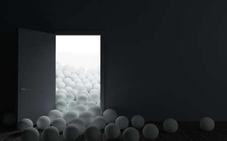 3D illustration. Conceptual interior balls and doors. Surprise. Abstraction. A room in a dream. Psychological experimentの写真素材