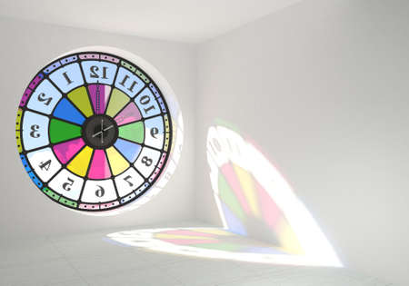 3D illustration. Round clock window in the room. Interior concept. Architecture. Time and the sun