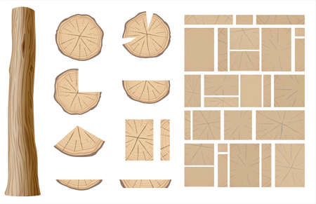 Set of different sections of wood, timber beams and planks in vector graphicsのイラスト素材