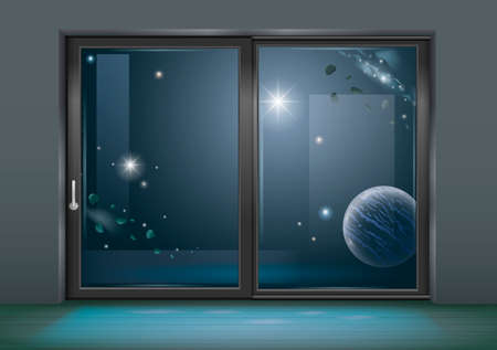 Sliding window of the space hotel. Concept. Space travelのイラスト素材