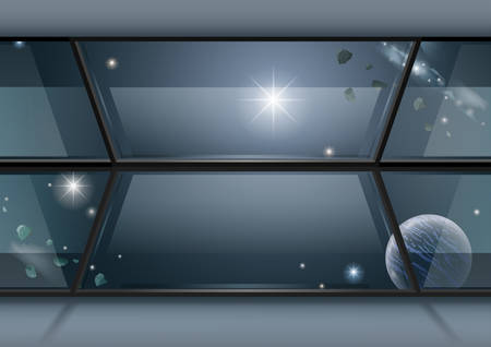 Panoramic window of the space hotel. Concept. Space travelのイラスト素材