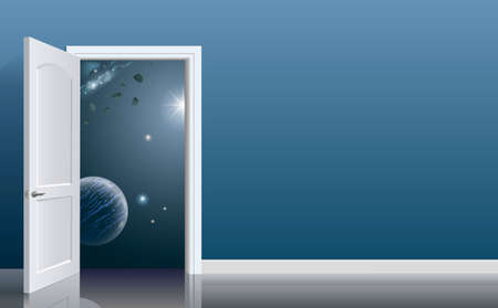 Open doors in space. Room of the space hotel. Concept. Space travelのイラスト素材