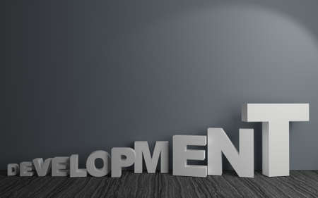 3D illustration.Massive word development in a dark room. The modern interior. Background for banner