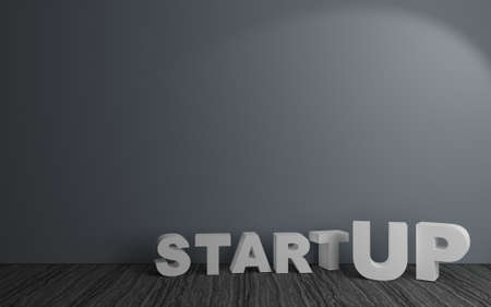 3D illustration.Massive word startup in a dark room. The modern interior. Background for banner