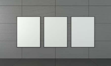 3d illustration. Mocap with three empty paintings in the framework. Modern interior in loft style.
