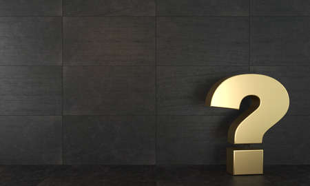 3d illustration. Golden question mark. Grunge or loft. Conceptual golden sculpture in the interior....