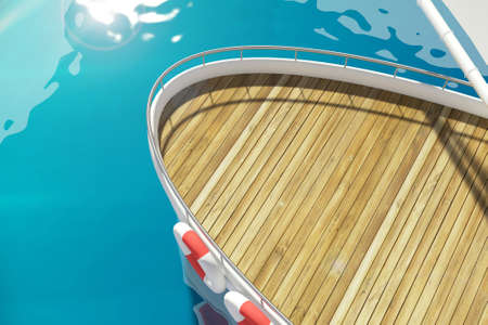 3d illustration. Deck of a sailing yacht at the pier. View from above. Sea and waves