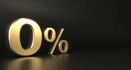 3d illustration. Golden 3d sign zero percent dark backgroundの写真素材