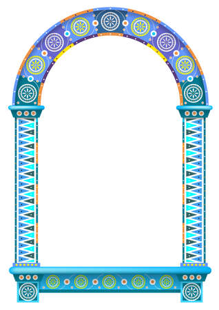 The Eastern arch of the mosaic. Carved architecture and classic columns. Indian arabic russian style. Decorative architectural frame in vector graphics.のイラスト素材