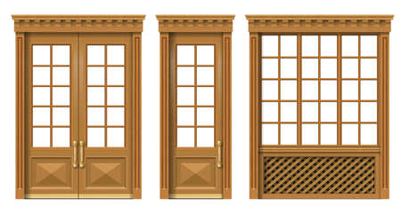 Vector. A set of classic wooden doors and windows. Templates for design. Joiner's vintage and furnitureのイラスト素材