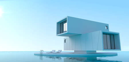 3d illustration. Concept minimalism villa on the sea. House of containers. Poolの写真素材