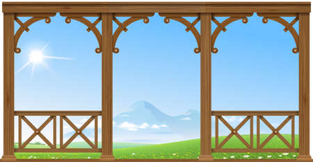 Wooden old porch overlooking the hills and mountains. Natural landscape. House or hotelのイラスト素材