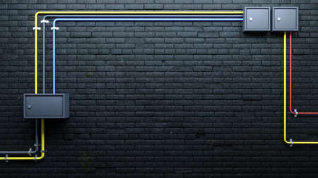 3d illustration. Old black brick wall and communications. Electricity and water pipes. Background...