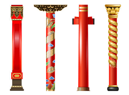 Vector set of red oriental columns of Chinese and Japanese, Thai. Pillars with decorのイラスト素材