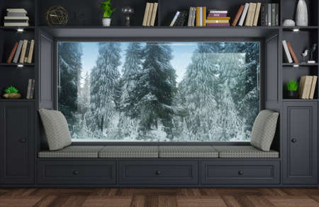 3d illustration. Wide panoramic window sofa in the room. Classic interior, cabinets, shelves and...
