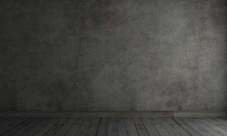 3d illustration. Studio background or wallpaper. Old stone gray concrete wall in the room. Wooden...