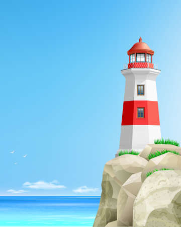 Realistic lighthouse on a green hill above the sea. Postcard poster banner or Wallpaper. Vector illustration.のイラスト素材