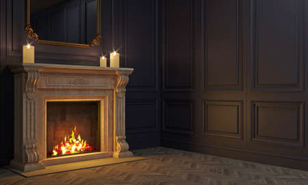 Classic fireplace in a vintage night roomの写真素材