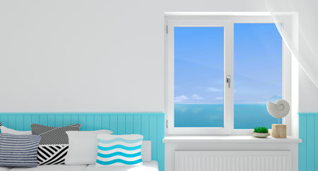 Modern double white window in the interiorの写真素材