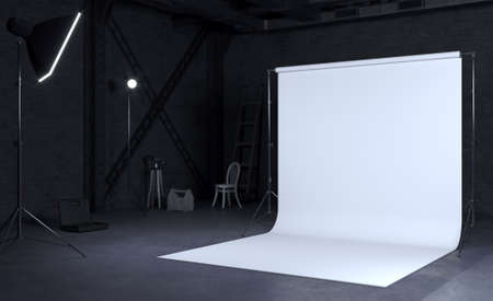 3D illustration. Photo studio room with white background, Industrial construction. Equipment for shooting. Lighting. Plant or loftの写真素材