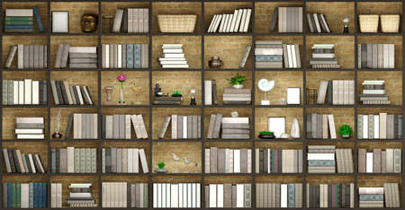 3d illustration. Wall wooden background classical library books or library study or living room,...