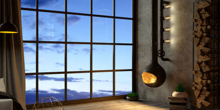 3d illustration. Interior of a modern villa. Panoramic sliding windows and doors. Loft. House or hotel. Modern fireplace. Evening skyの写真素材