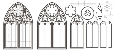 Realistic Gothic medieval stained glass window and stone arch with a shadow. background or texture. architectural elementのイラスト素材