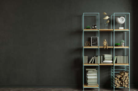 3d illustration. Modern interior in loft style gray background old wall. Furniture and shelves. Bookcase. Studio for creativityの写真素材