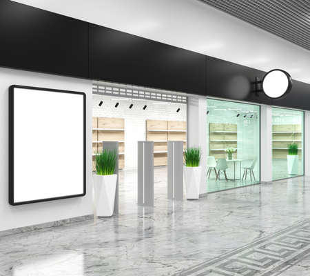 3d illustration. Mockup for advertising the brand on the facade of the store. shopping mall and shop windows. store interiorの写真素材