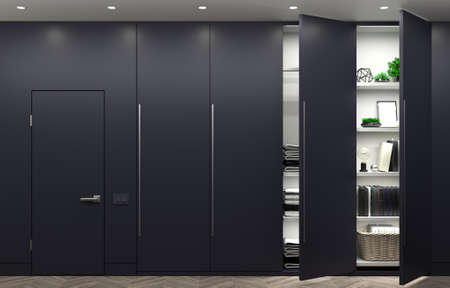3d illustration. Modern dark wardrobe and minimalist doors. Furniture
