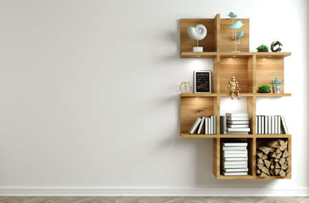3d illustration. Modern interior in loft style background white new light wall. Furniture and shelves. Bookcase. Studio for creativityの写真素材