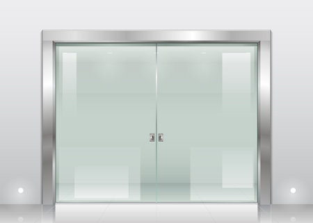 Steel reservation Spend entrance hall scientific laboratory or office, a bank with a sliding glass door of safety glass. interior space in vector graphics.のイラスト素材