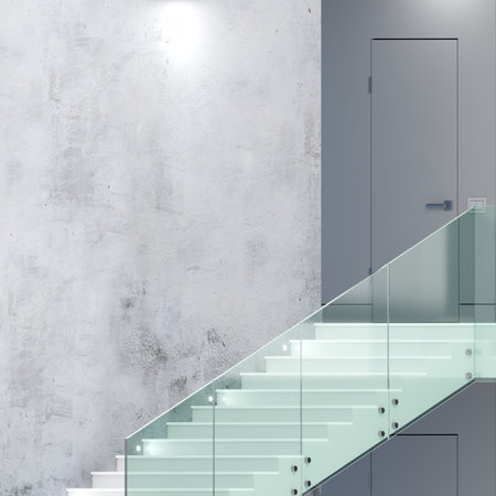 Modern staircase with glass railings in interiorの写真素材