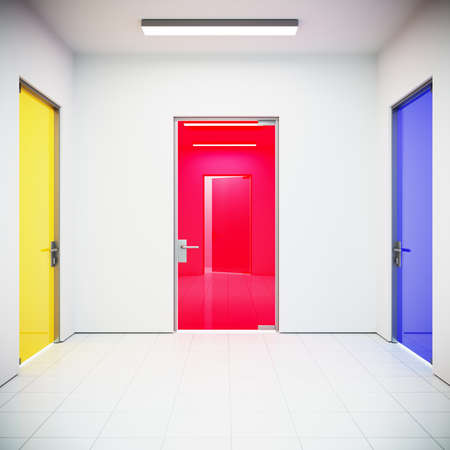 Three glass multicolored doors on white wallの写真素材
