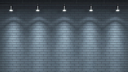 Grey old background brick wall with lampsの写真素材