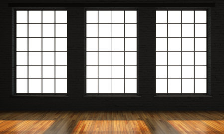 Loft style interior with two black windowsの写真素材