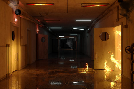Fire in the corridor of the building and fire extinguishing systemの写真素材