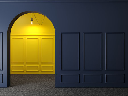 Classic wall of dark wood panels and yellow archの写真素材