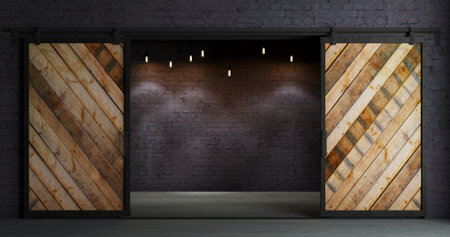 Barn Sliding Wooden Door in Loft Roomの写真素材