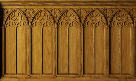 Classic cabinet or castle wall made of gothic wood panelingの写真素材