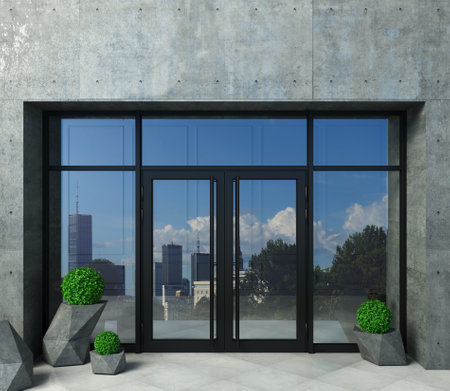 Glass partition mockup and modern doors in hallの写真素材
