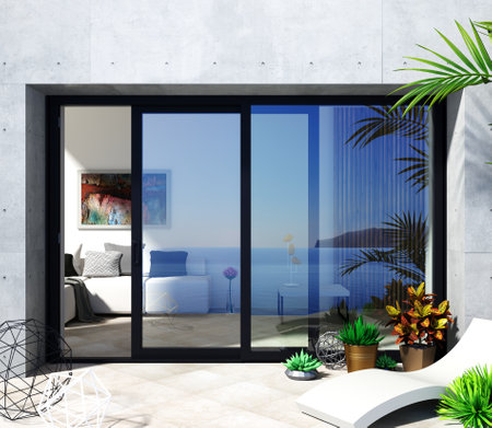 Automatic black sliding doors sea villa patio facade mockupの写真素材