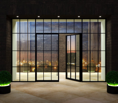 Modern glass black office entrance loft doorの写真素材