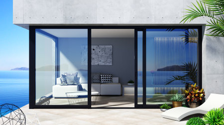 Automatic black sliding doors sea villa patio facade mockupの写真素材