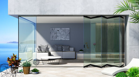 Black sliding glass wall door accordion lacantinaの写真素材